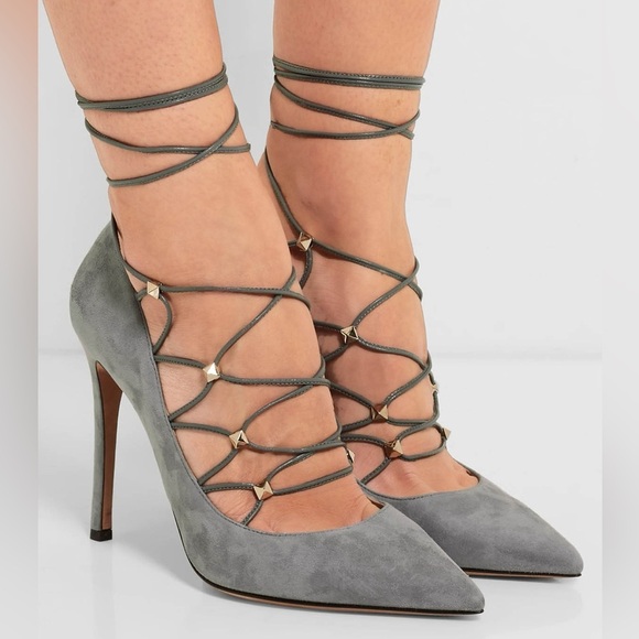J4. Valentino Rock Stud Gray Suede Lace Up High Heel Pumps Pointed Toe - Picture 1 of 8